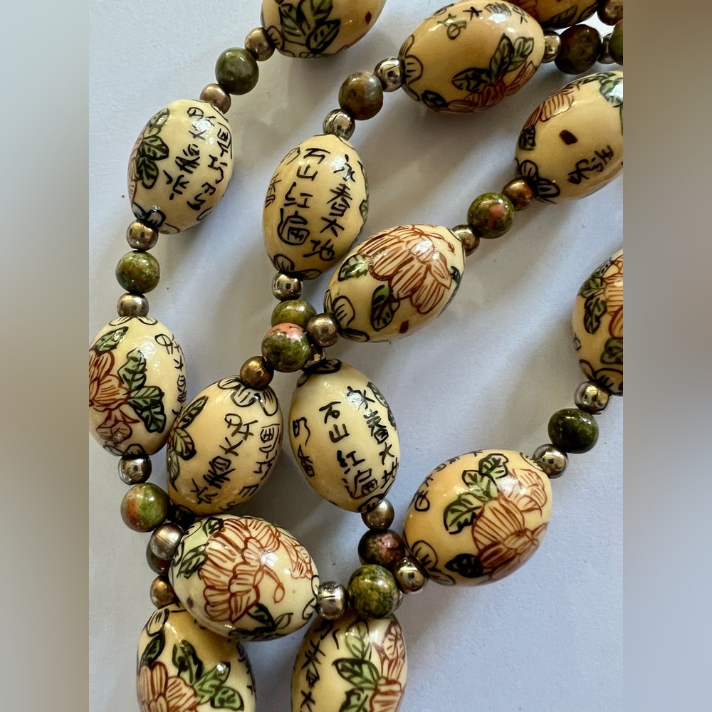 Vintage Chinese Handpainted Necklace And Bracelet Set Pink Flowers